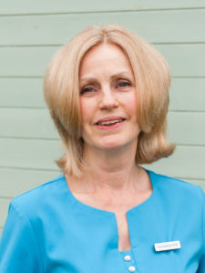 Housekeeper smiling wearing blue