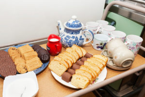 Selection of cakes and tea