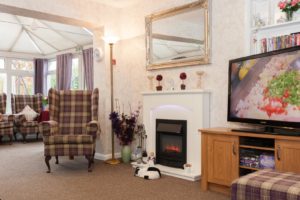 Living room area with TV and fireplace